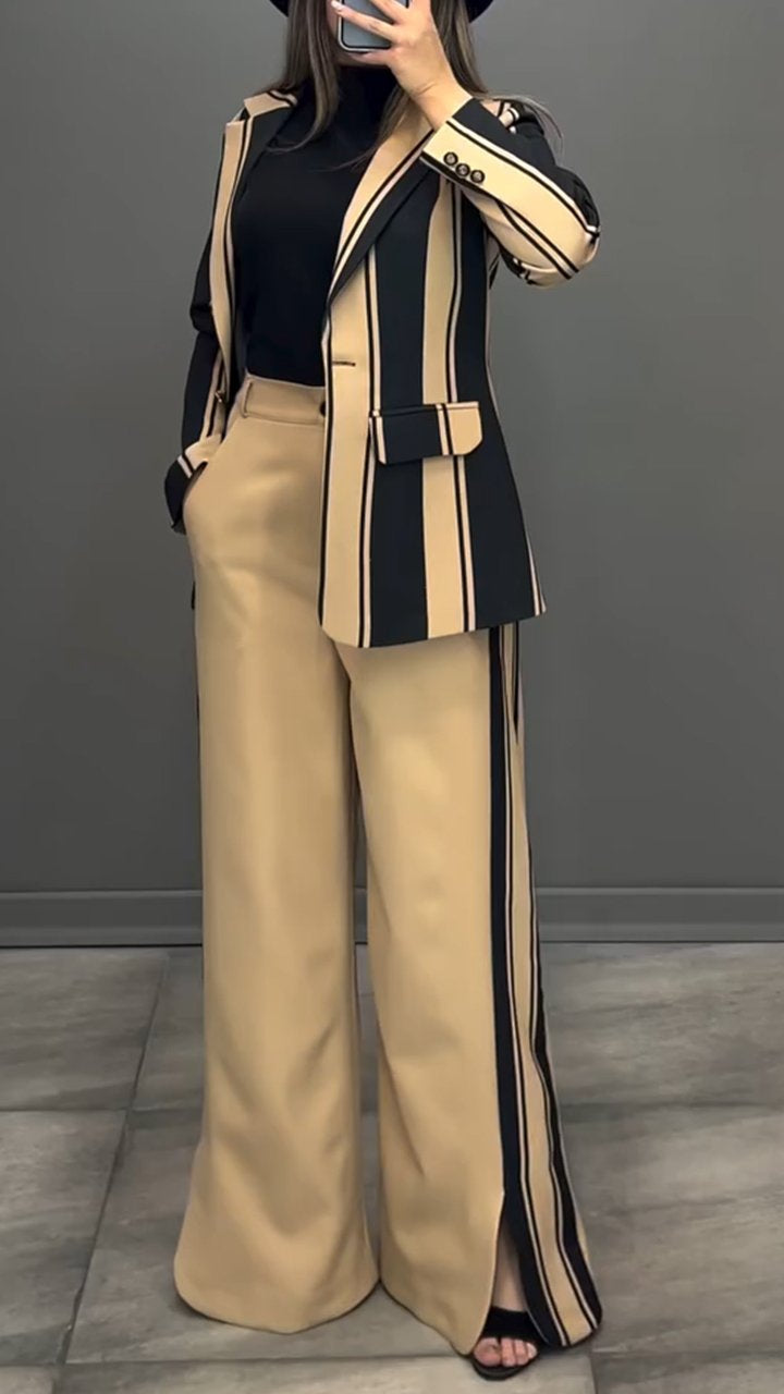 Lapel Long Sleeve Contrast Striped Casual Suit