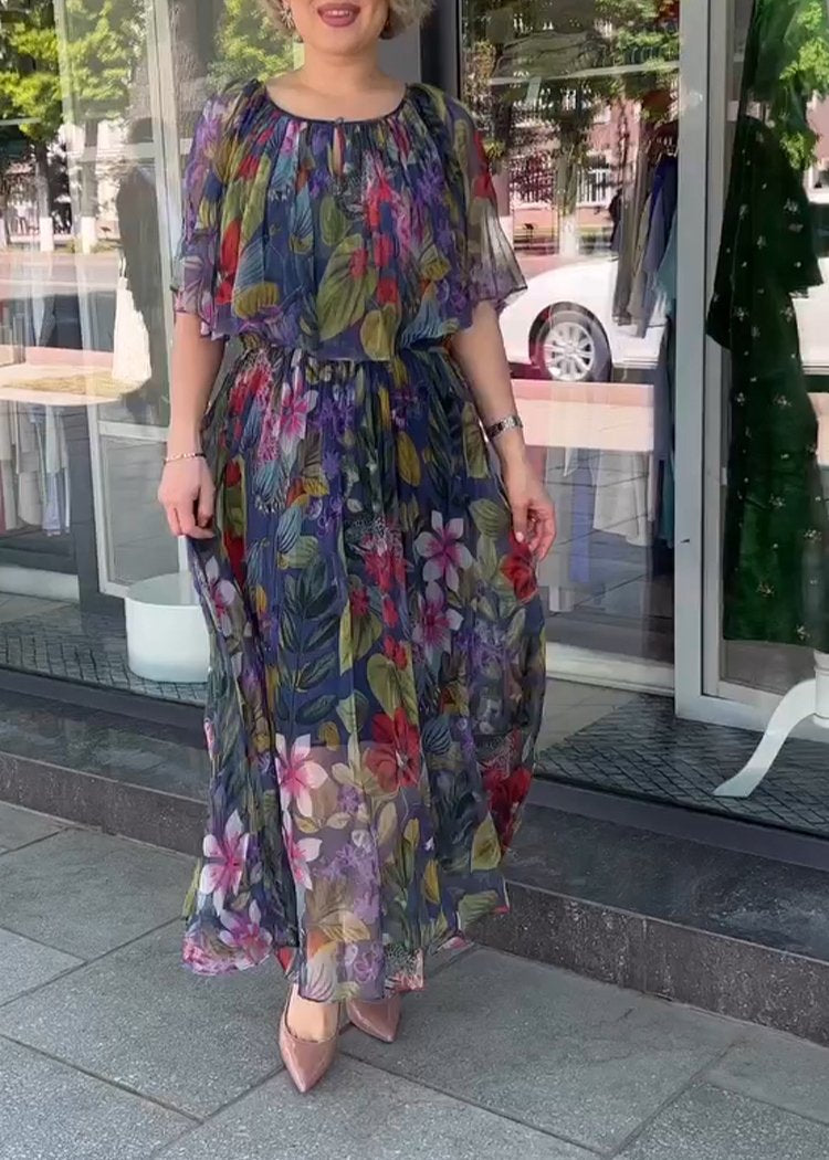 Round Neck Capped Printed Dress