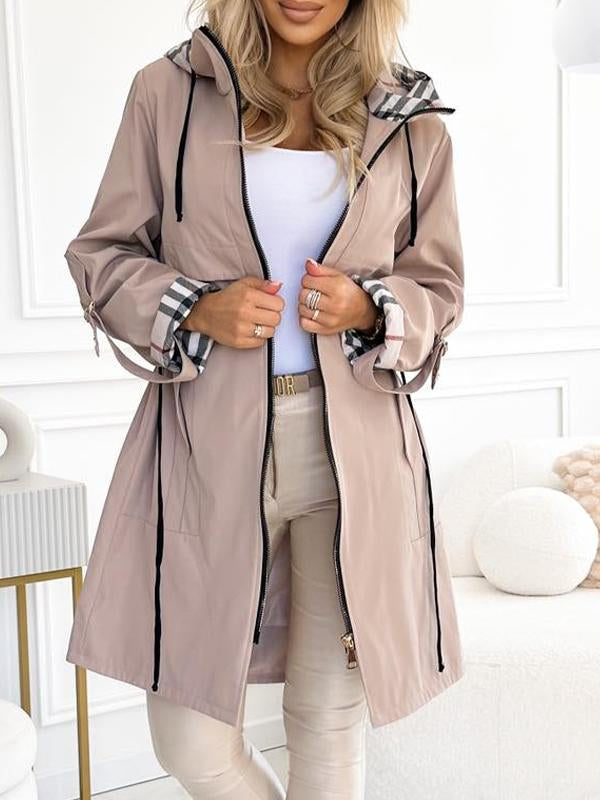 Hooded Zipper Drawstring Plaid Print Casual Long Coat