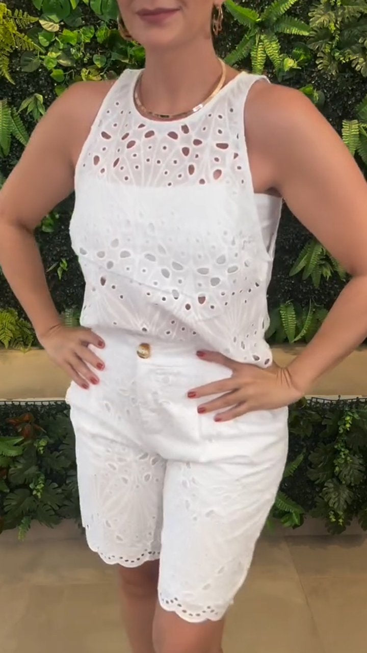 Hollow Design Round Neck Sleeveless Top and Shorts Set