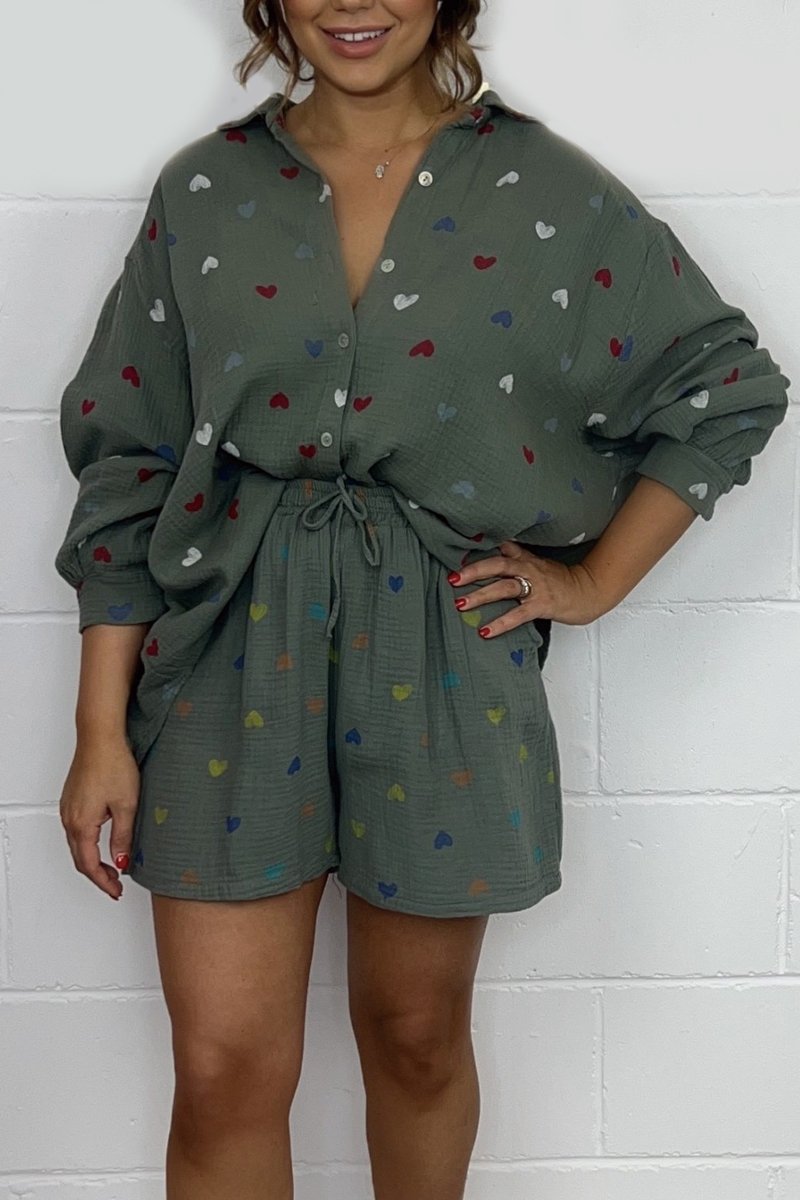 Heart Print Shirt & Shorts Co-Ord