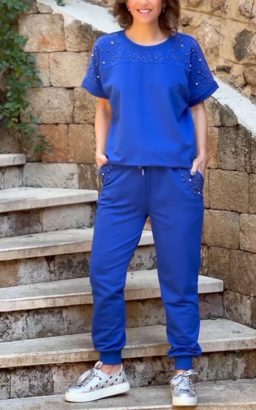 Casual Round Neck Beaded Two-piece Suit