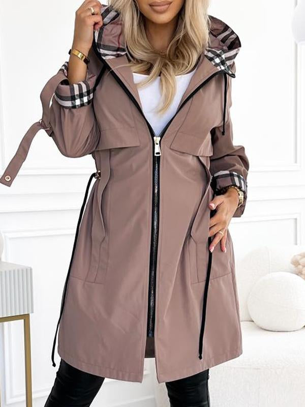 Hooded Zipper Drawstring Plaid Print Casual Long Coat