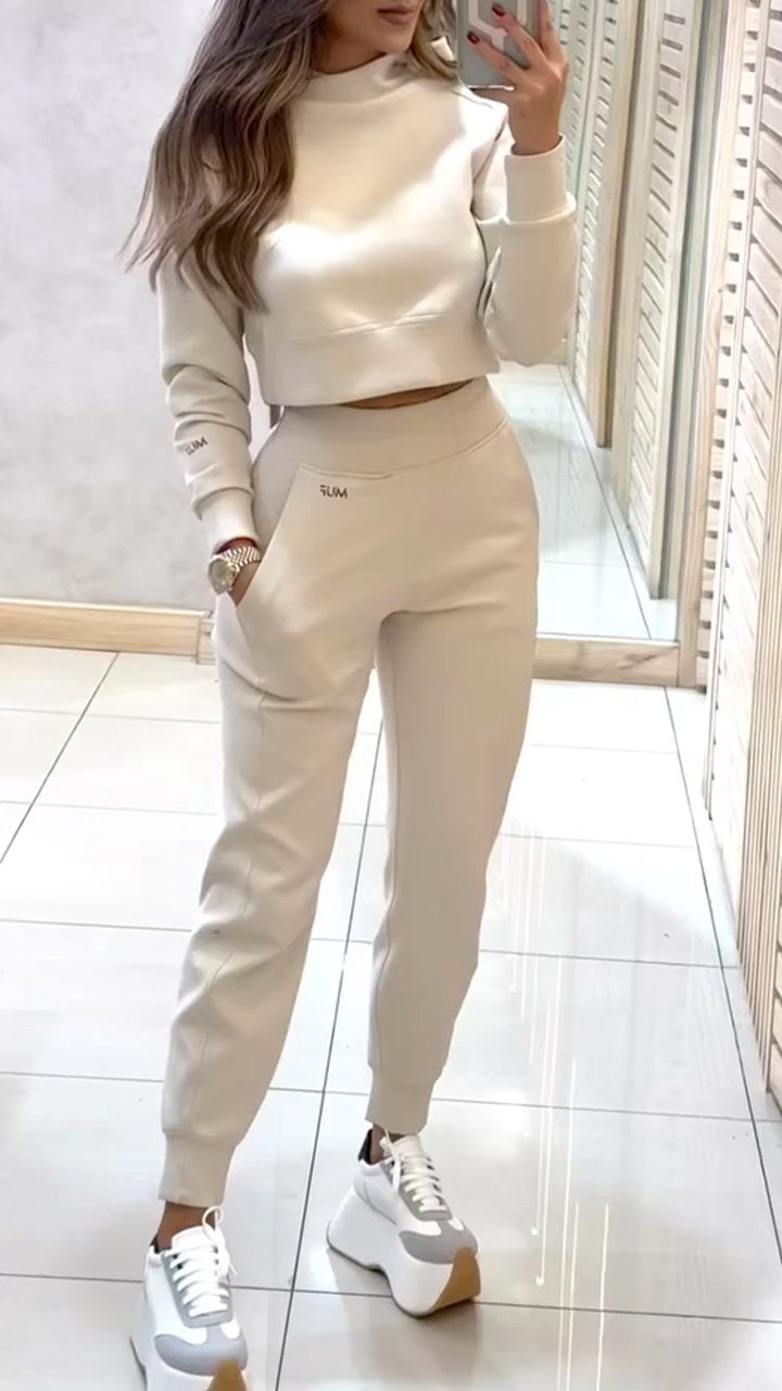 High Collar Long Sleeve Autumn and Winter Casual Sweater Suit