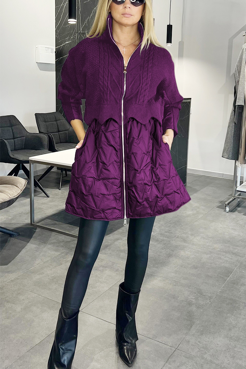 Women's Standing Collar Knit Patchwork Coat
