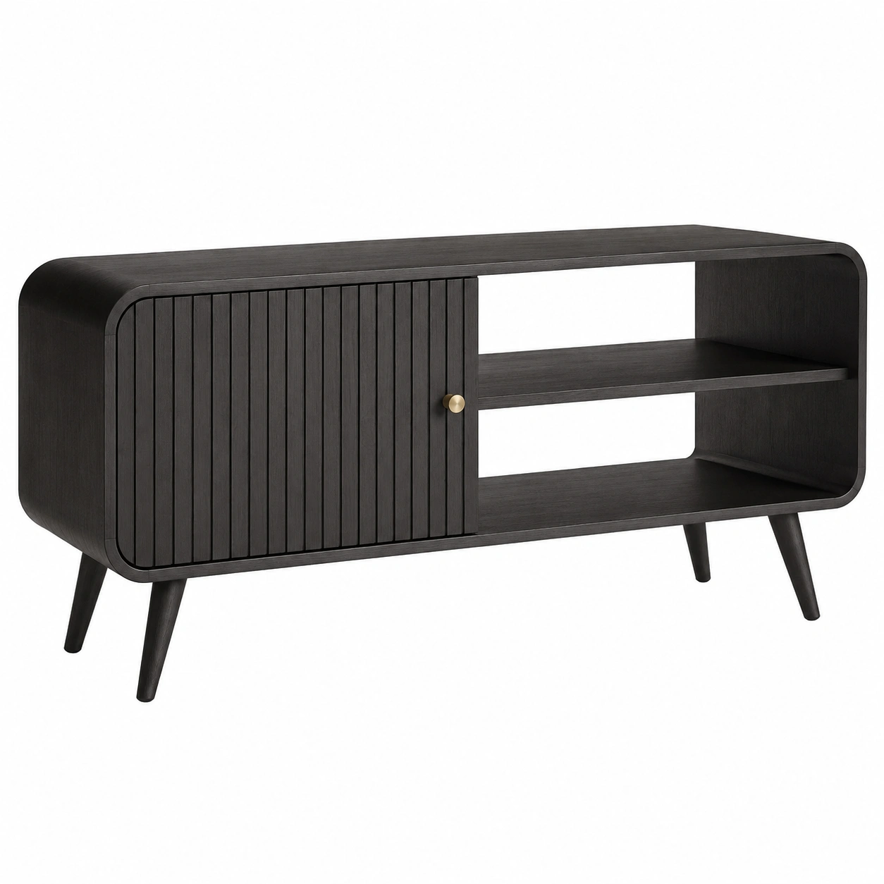 Armario TV Moderno Escandinavo Negro con Puerta Corredera y Estantes Abiertos-VirelliHome