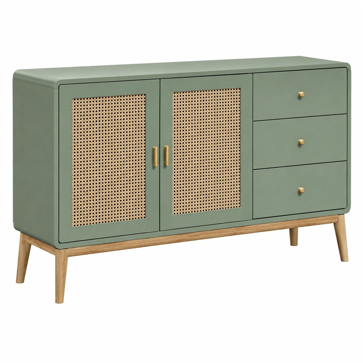 Aparador Nordic Verde Oliva con Puertas de Ratan y Cajones de Almacenamiento-VirelliHome