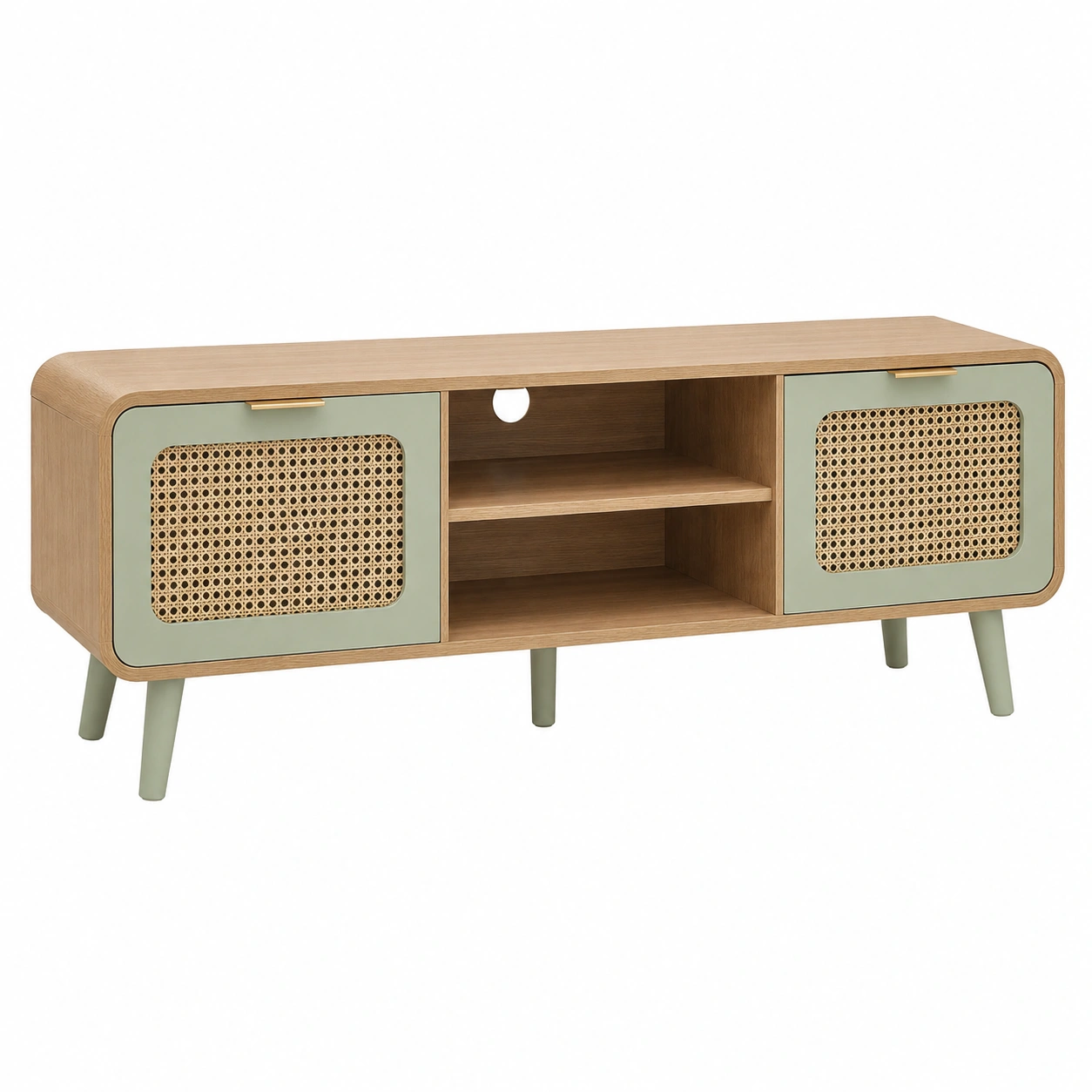 Mueble TV Nordico con Puertas de Rejilla y Estantes Abiertos Verde Salvia/Madera Natural-VirelliHome