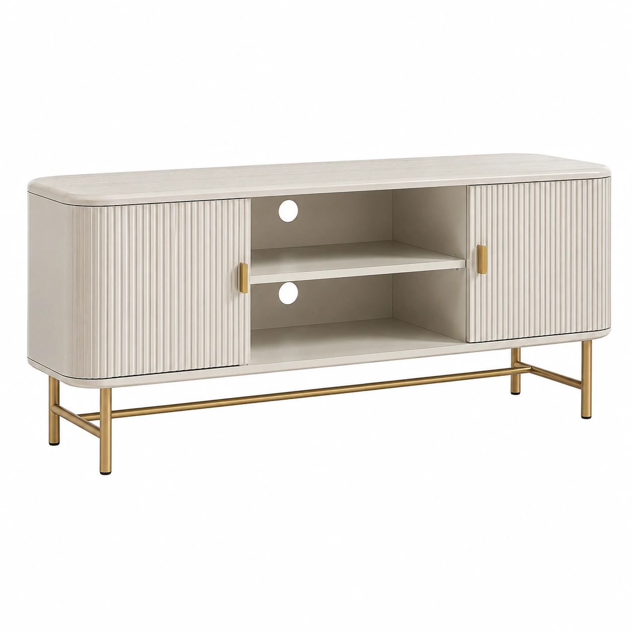 Aparador TV Moderno Minimalista Beige con Puertas Texturizadas y Base Metalica Dorada-VirelliHome