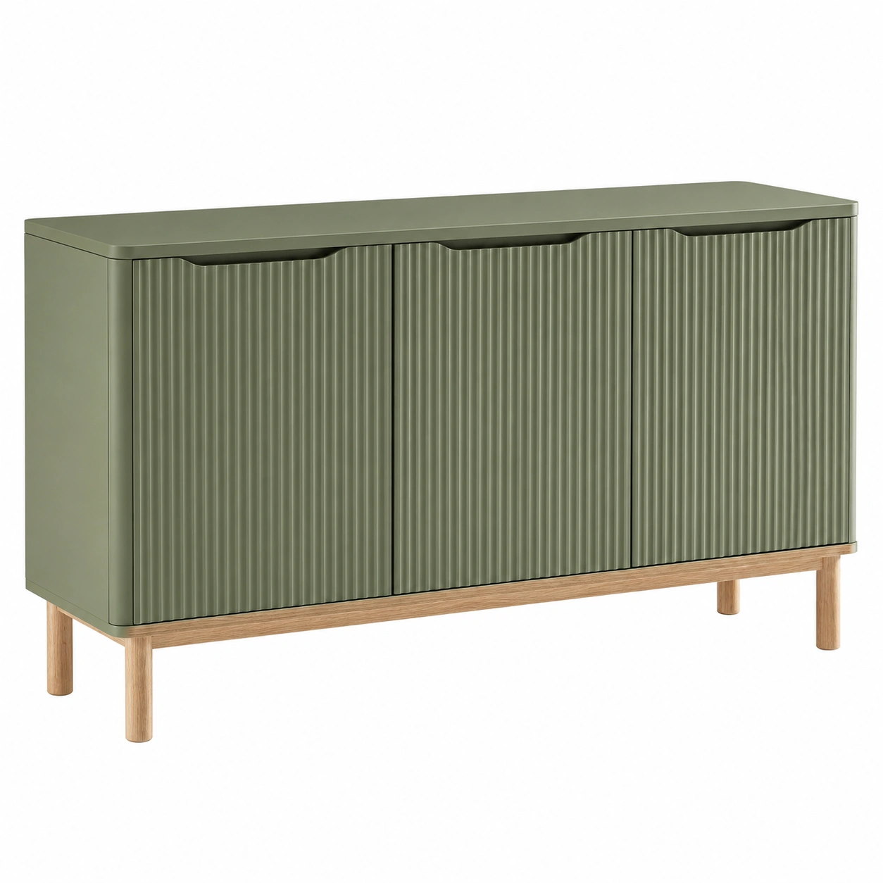 Aparador Escandinavo Moderno de 3 Puertas con Relieve Vertical y Patas de Madera Verde Oliva-VirelliHome