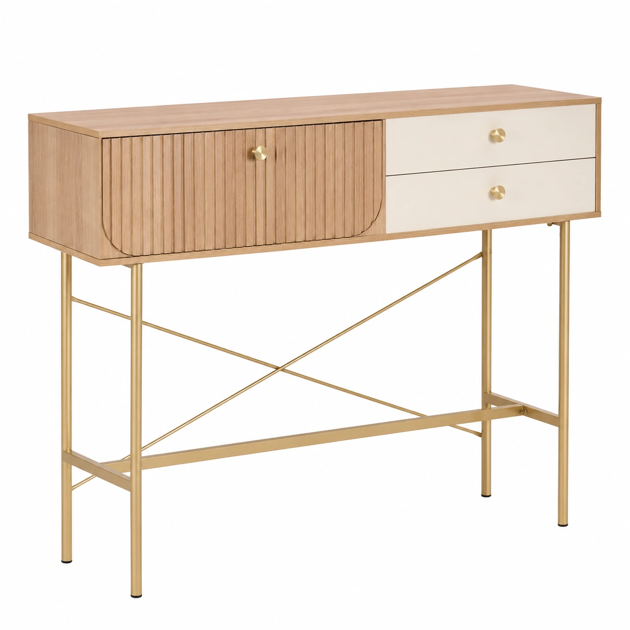 Mesa Consola Moderna con Cajones y Puerta Ranurada Dorada-VirelliHome