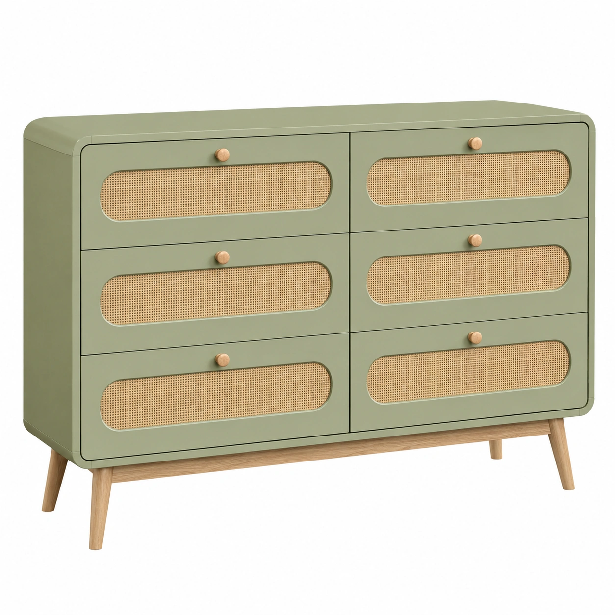 Aparador Vintage Moderno de 6 Cajones con Panel Ratán y Patas de Madera Verde Salvia-VirelliHome