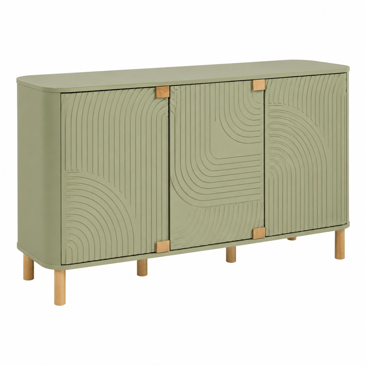 Aparador Moderno Escandinavo de 3 Puertas con Relieve Geometrico y Patas de Madera Natural-VirelliHome