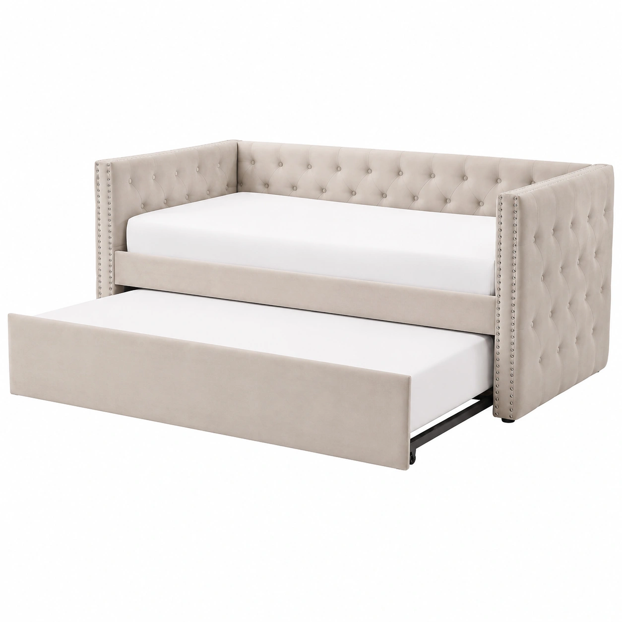 Sofa Cama Tapizado Beige con Cama Nido y Diseno Chesterfield-VirelliHome