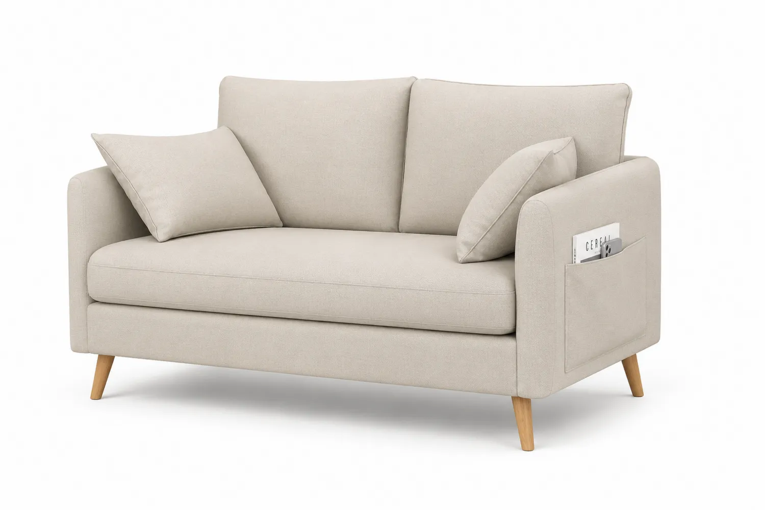 Sofa dwuosobowa z bawełnianą tapicerką i drewnianymi nogami, Beżowa