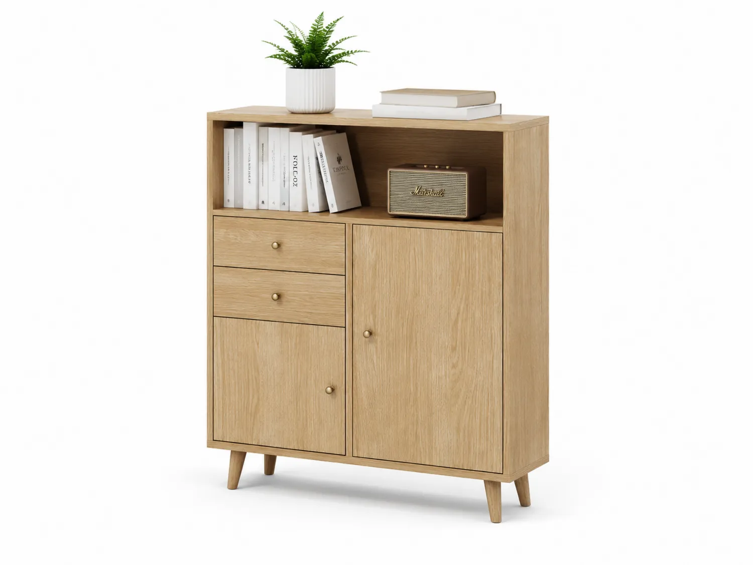 Komoda drewniana z szufladami i półką, jasnobrązowa