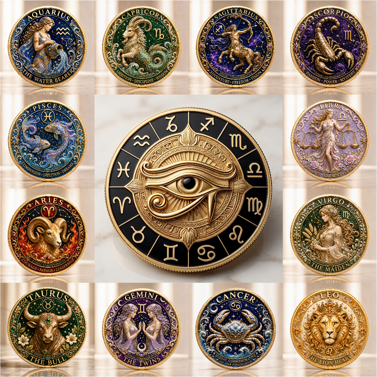 Mystic Eye of Horus 12-Piece Zodiac Commemorative Coin Set