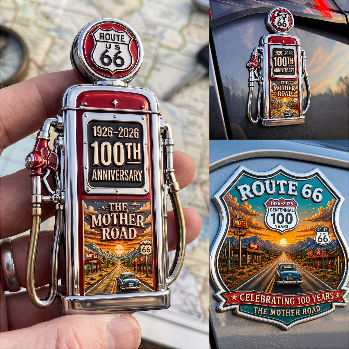 Vintage Route 66 100th Anniversary 3D Metal Car Emblem 