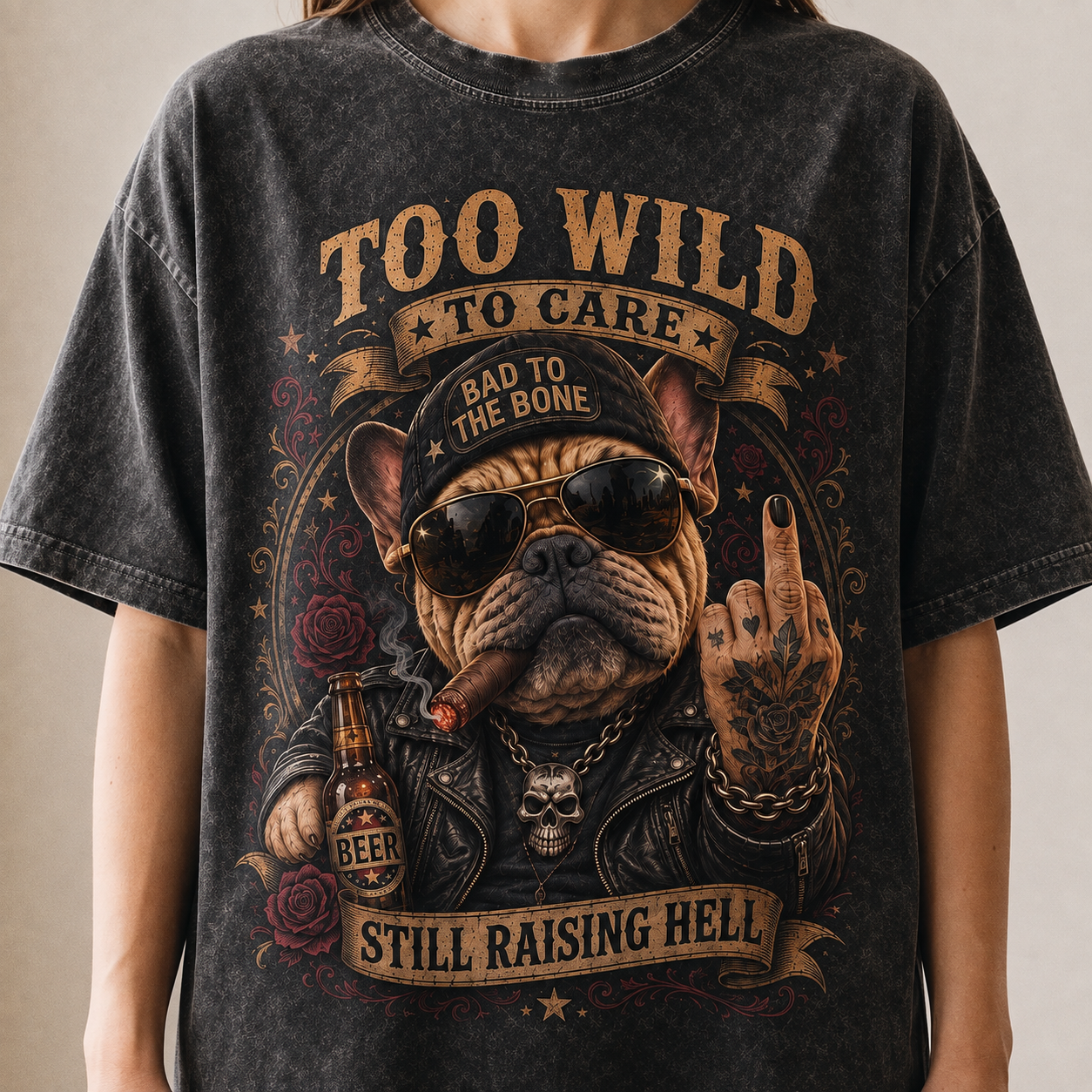 Women's Too Wild To Care Biker Bulldog Graphic T-Shirt