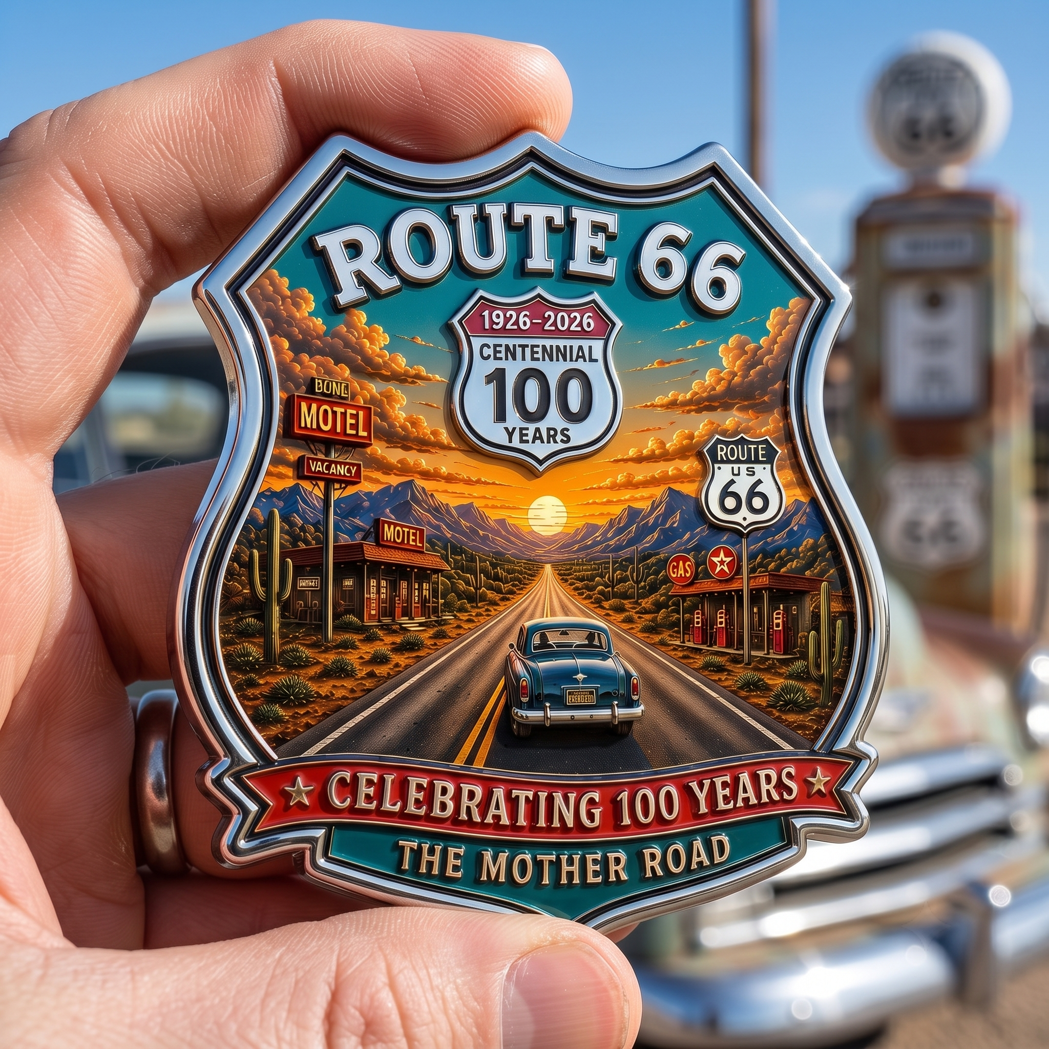 Vintage Route 66 100th Anniversary 3D Metal Car Emblem 