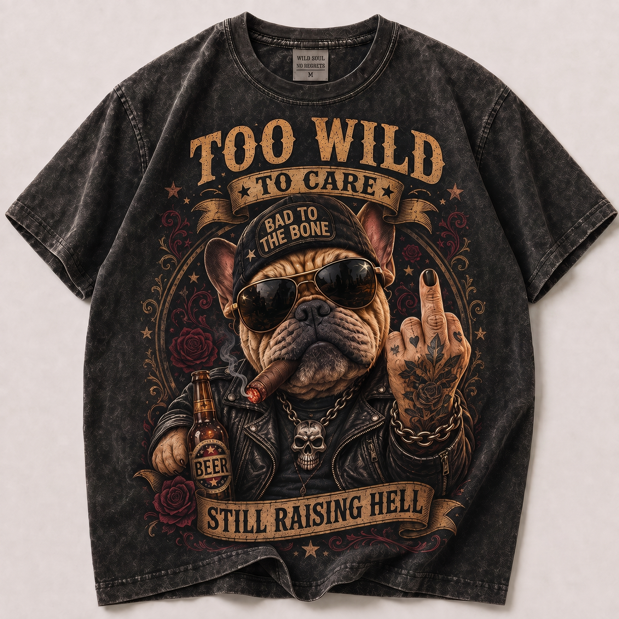 Women's Too Wild To Care Biker Bulldog Graphic T-Shirt