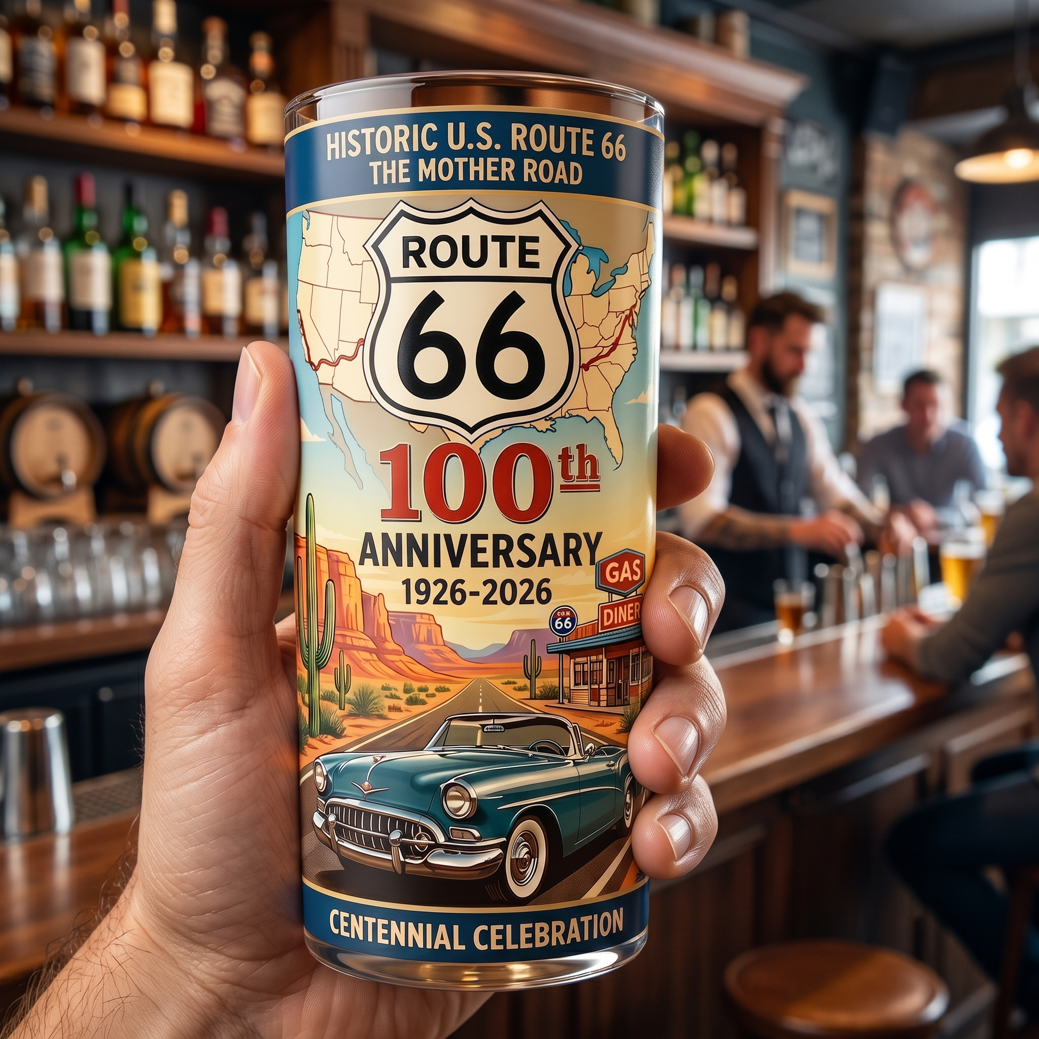 Historic Route 66 100th Anniversary Collectible Vintage Glass Tumbler