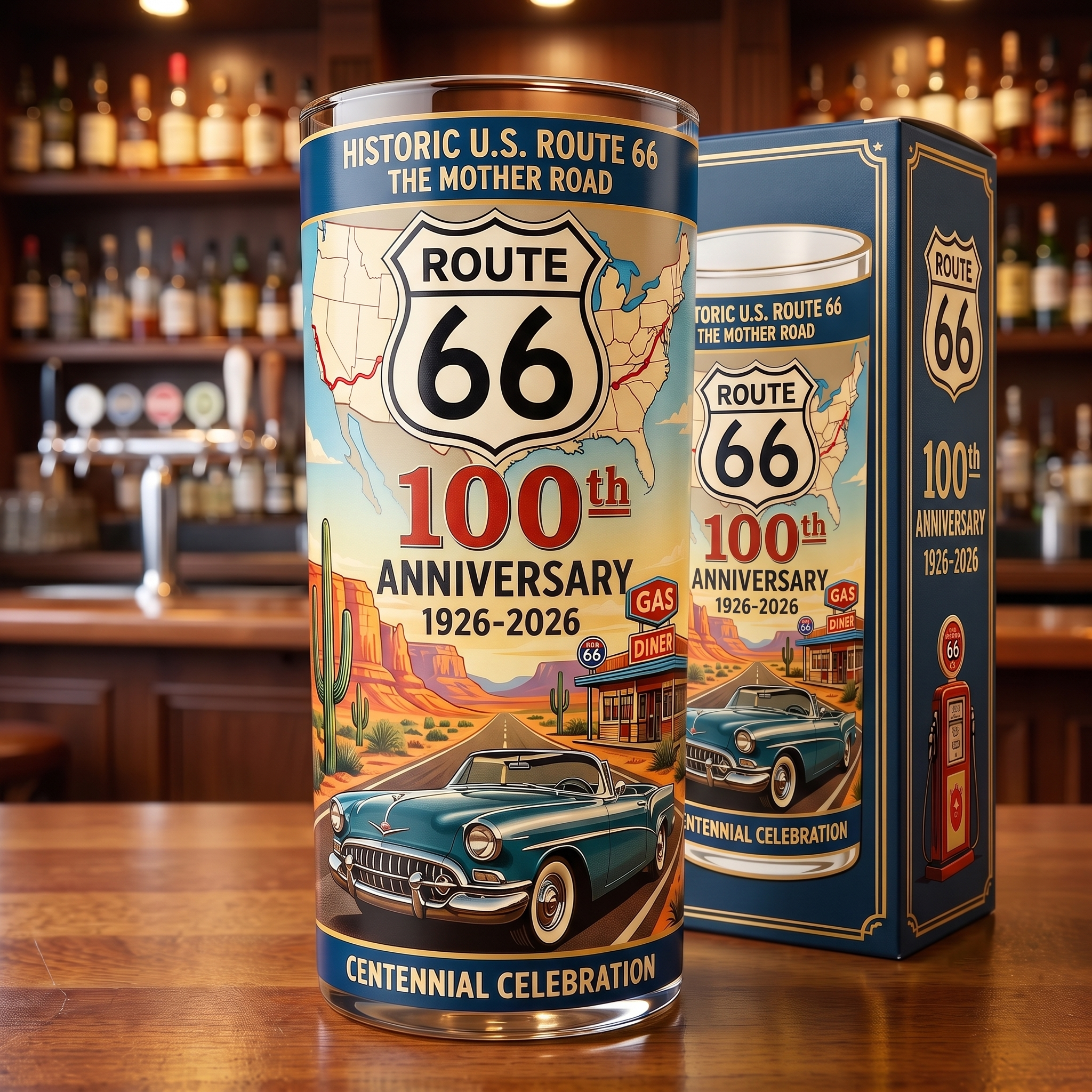 Historic Route 66 100th Anniversary Collectible Vintage Glass Tumbler