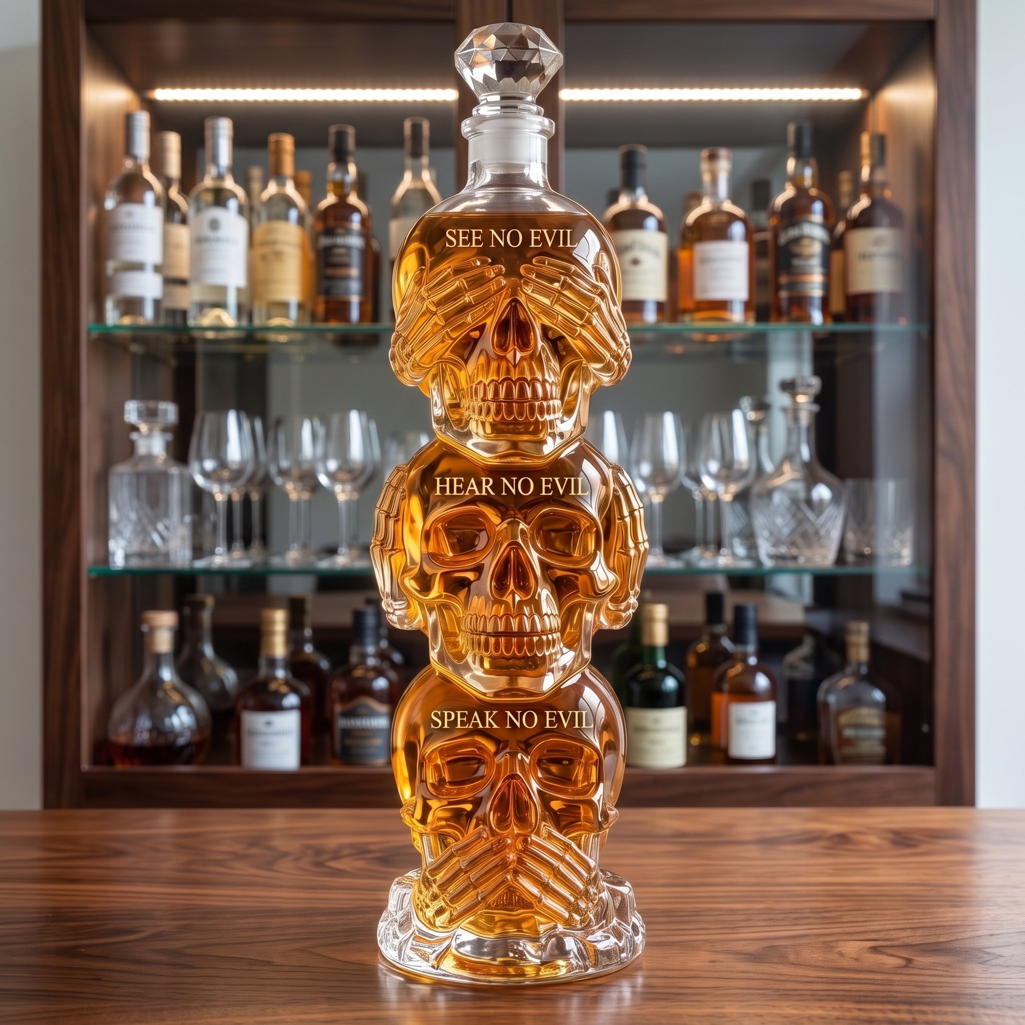 Premium 3-Tier "See, Hear, Speak No Evil" Stacked Skulls Glass Whiskey Decanter