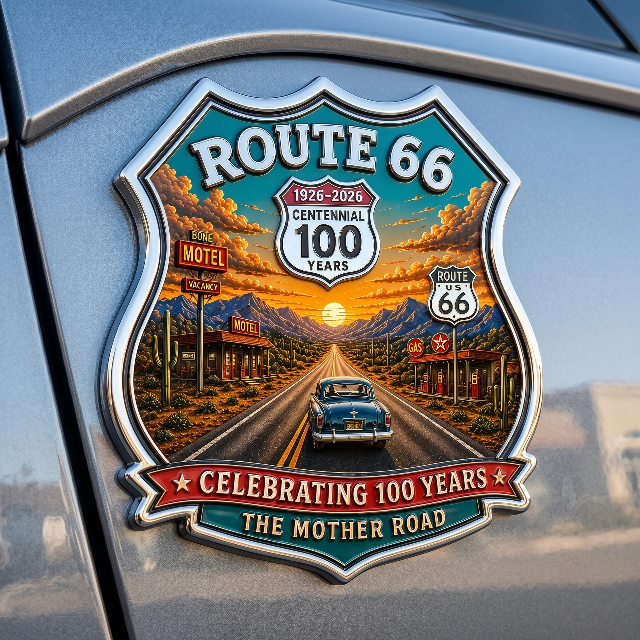 Vintage Route 66 100th Anniversary 3D Metal Car Emblem 