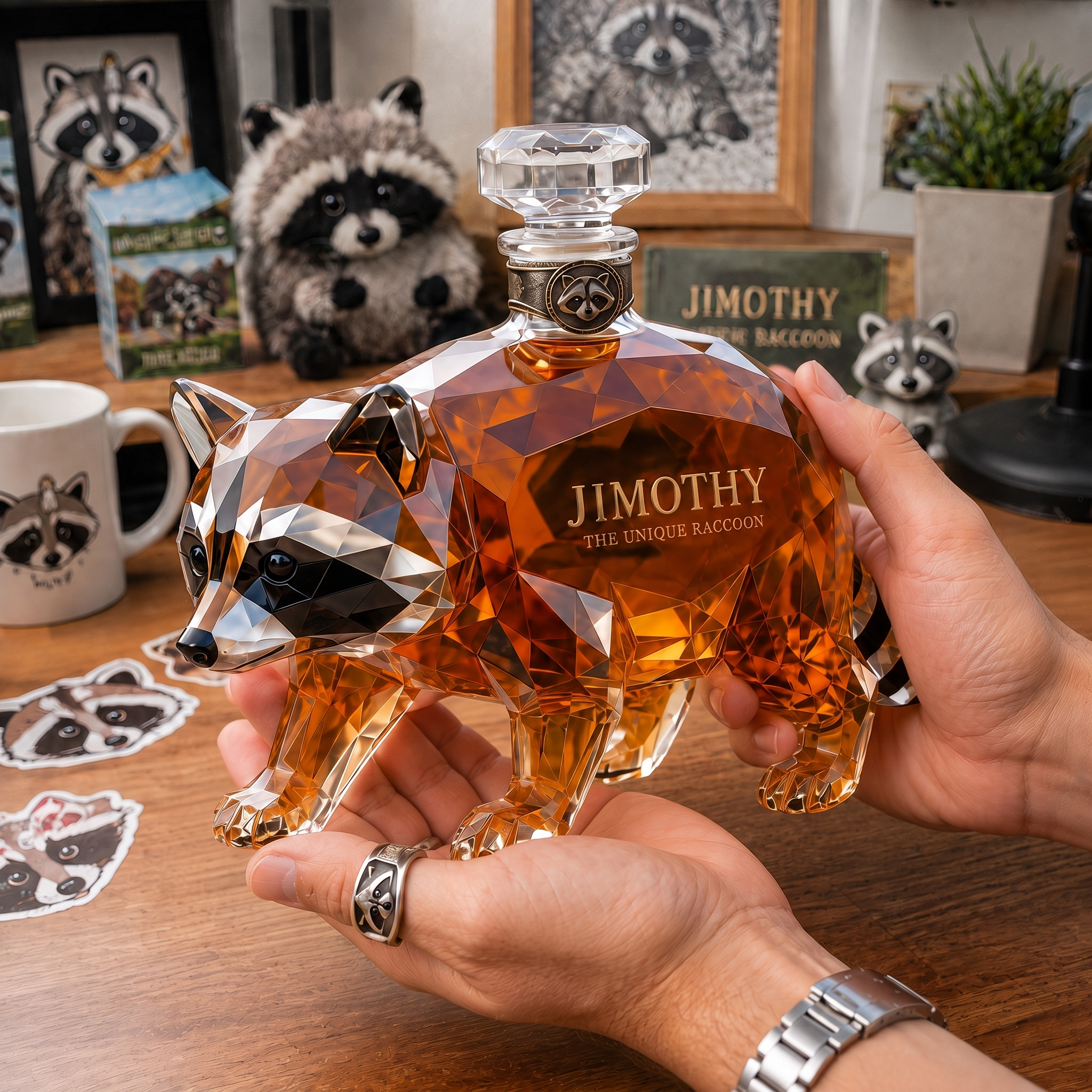 The Legend of Jimothy Unique Glass Raccoon Whiskey Decanter