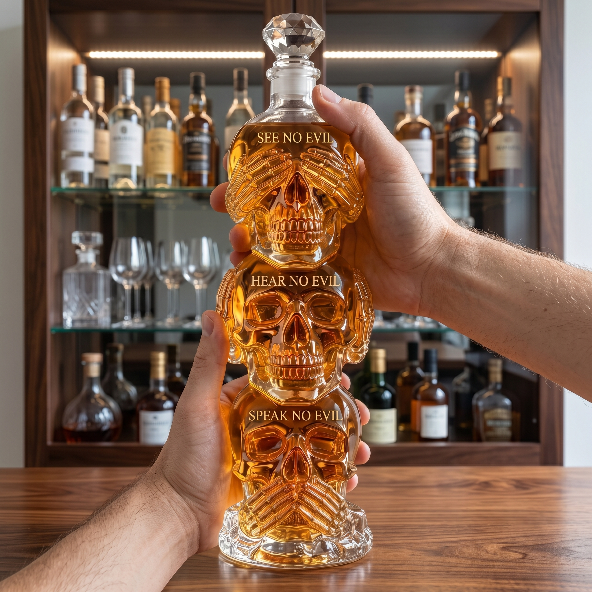 Premium 3-Tier "See, Hear, Speak No Evil" Stacked Skulls Glass Whiskey Decanter