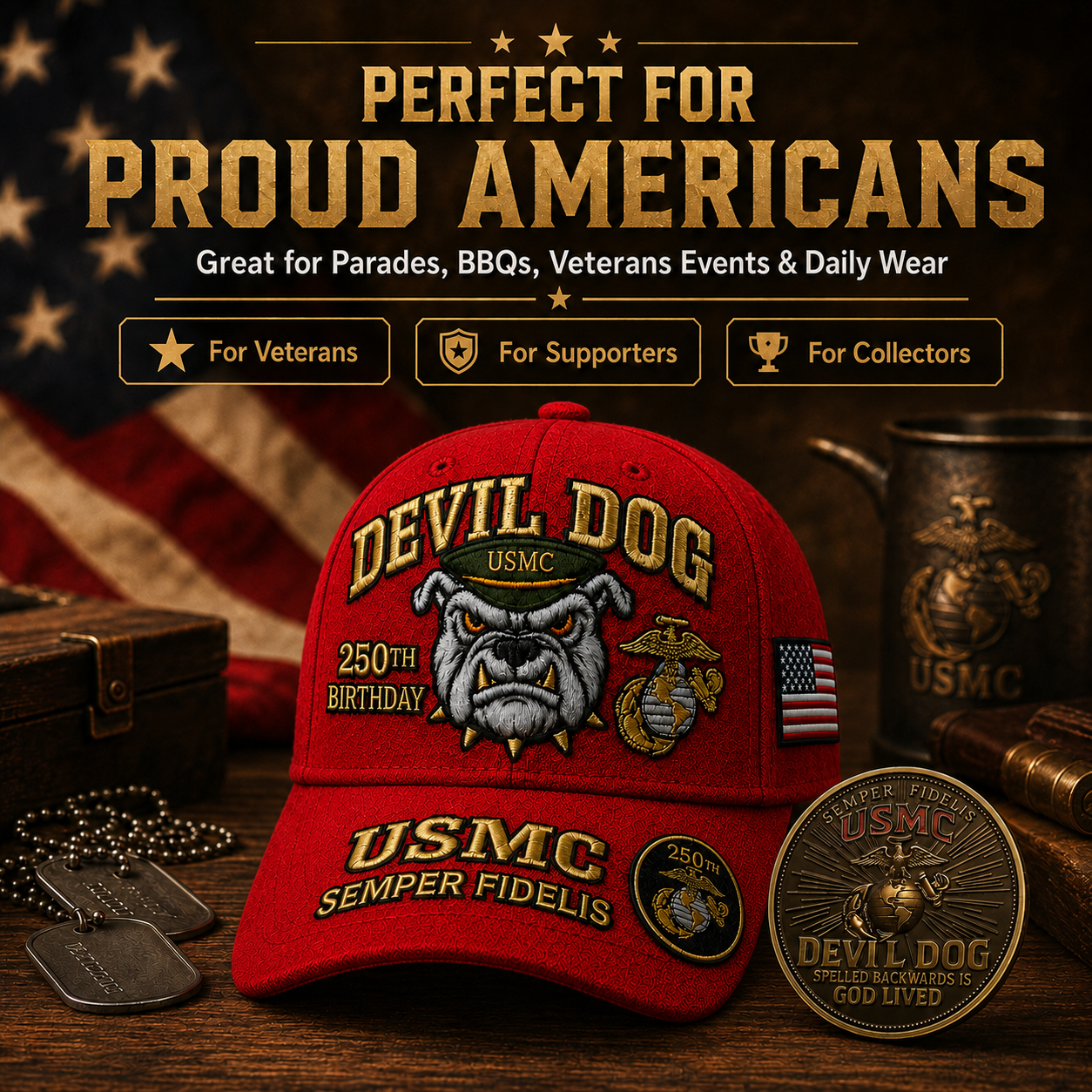 ❤Devil Dog USMC 250th Birthday Embroidered Commemorative Cap 🎁 Free Honor Coin With Every Cap Purchase