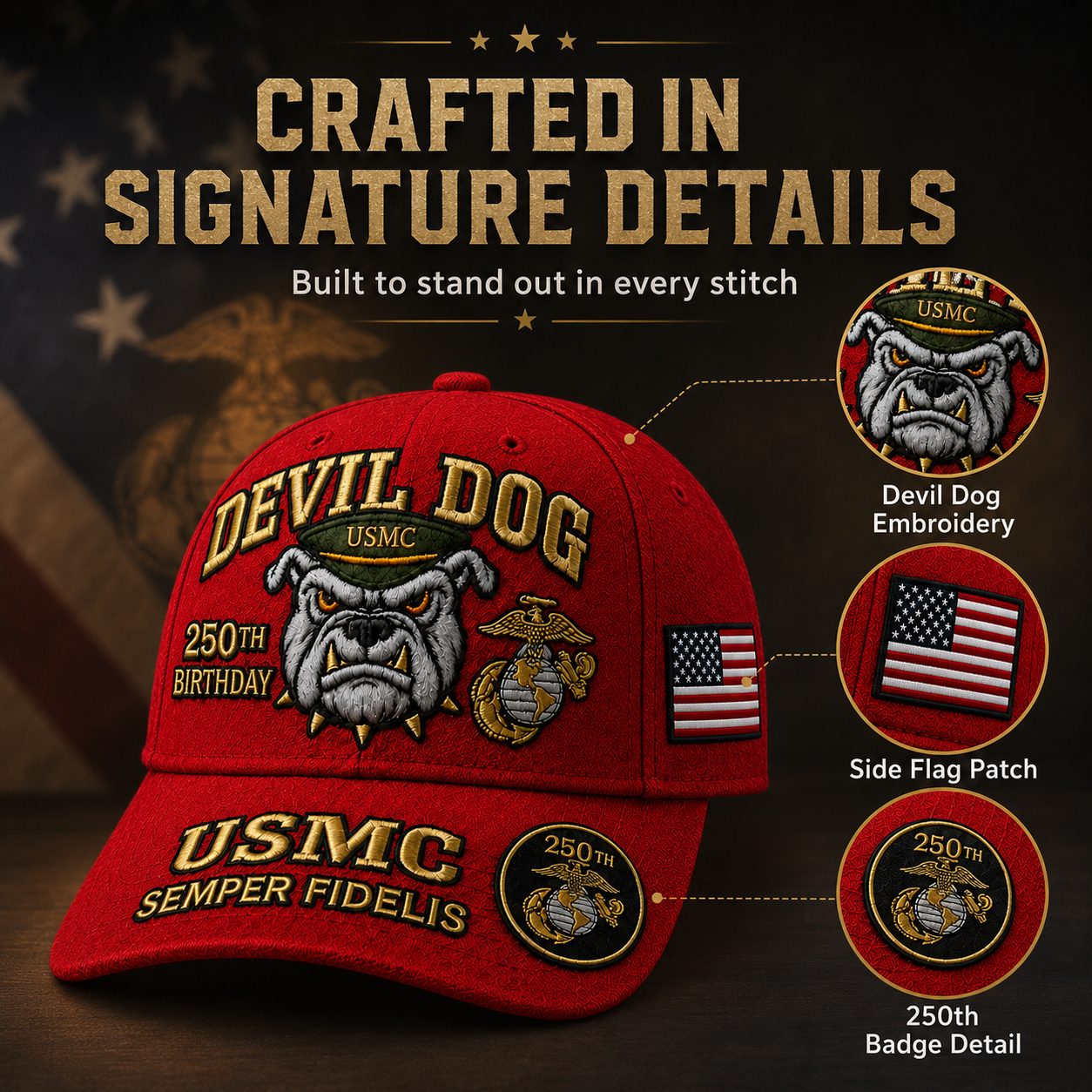 ❤Devil Dog USMC 250th Birthday Embroidered Commemorative Cap 🎁 Free Honor Coin With Every Cap Purchase