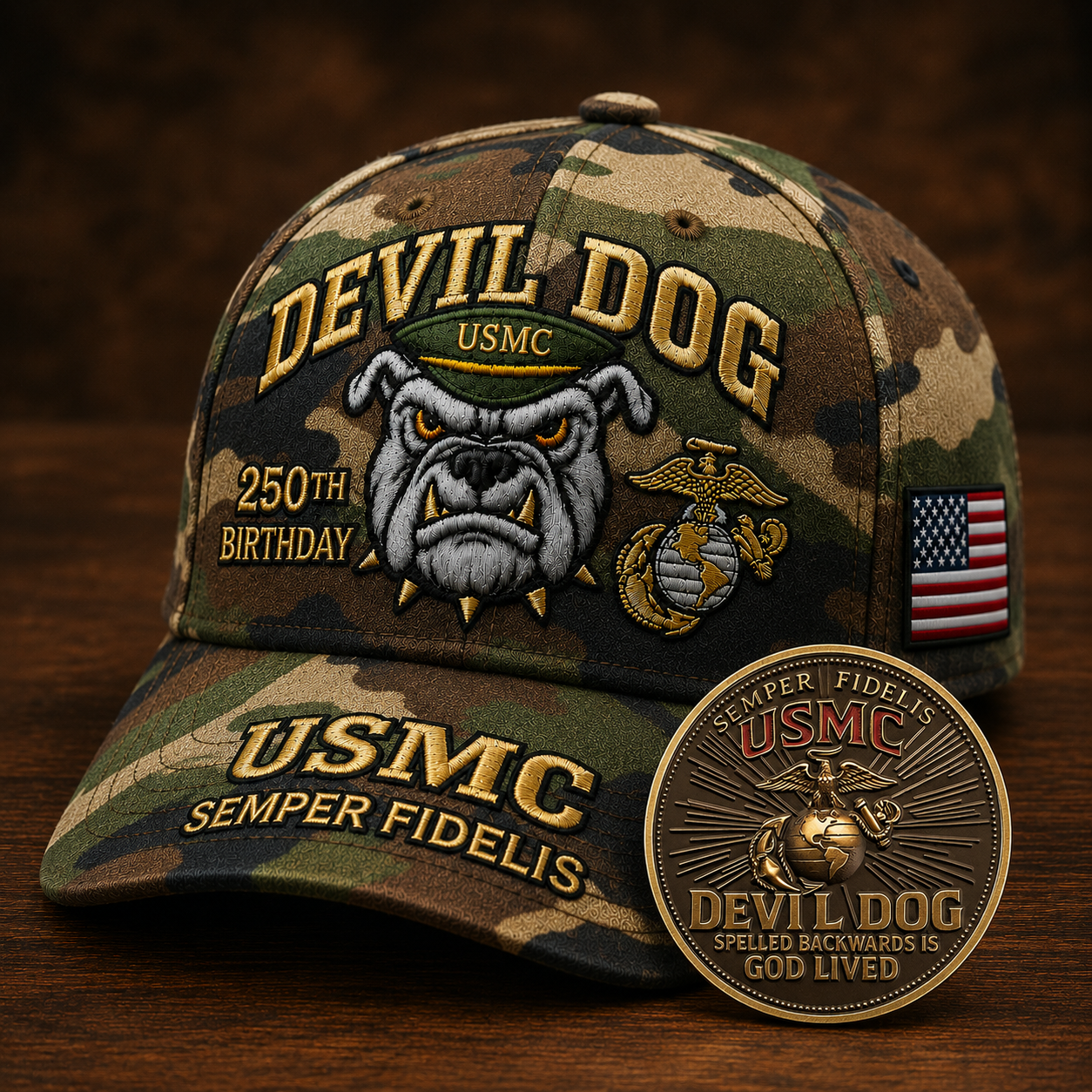 ❤Devil Dog USMC 250th Birthday Embroidered Commemorative Cap 🎁 Free Honor Coin With Every Cap Purchase