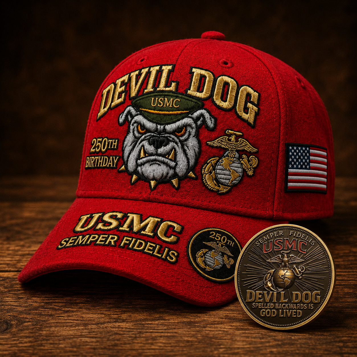 ❤Devil Dog USMC 250th Birthday Embroidered Commemorative Cap 🎁 Free Honor Coin With Every Cap Purchase