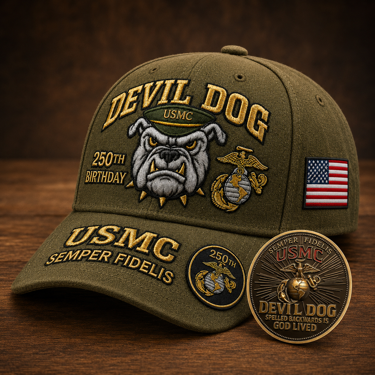 ❤Devil Dog USMC 250th Birthday Embroidered Commemorative Cap 🎁 Free Honor Coin With Every Cap Purchase