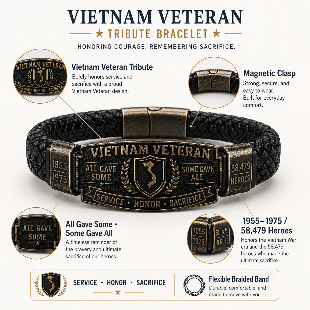 Vietnam Veteran bracelet engraved details and magnetic clasp