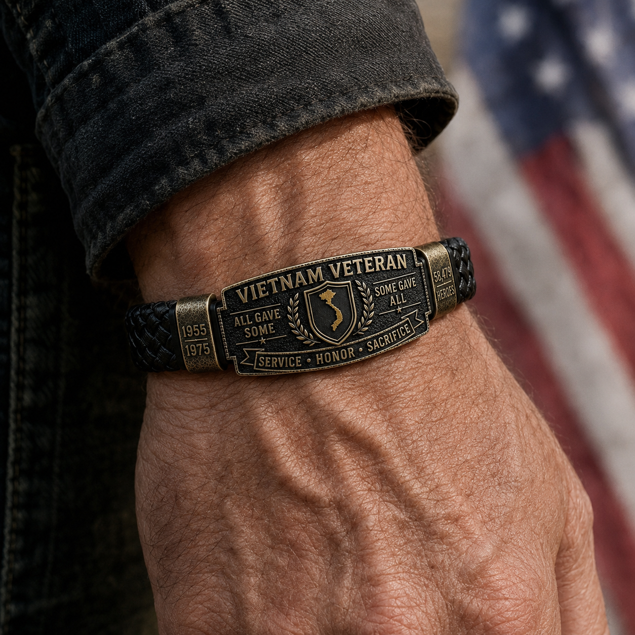 Mature veteran wearing the Vietnam Veteran honor bracelet