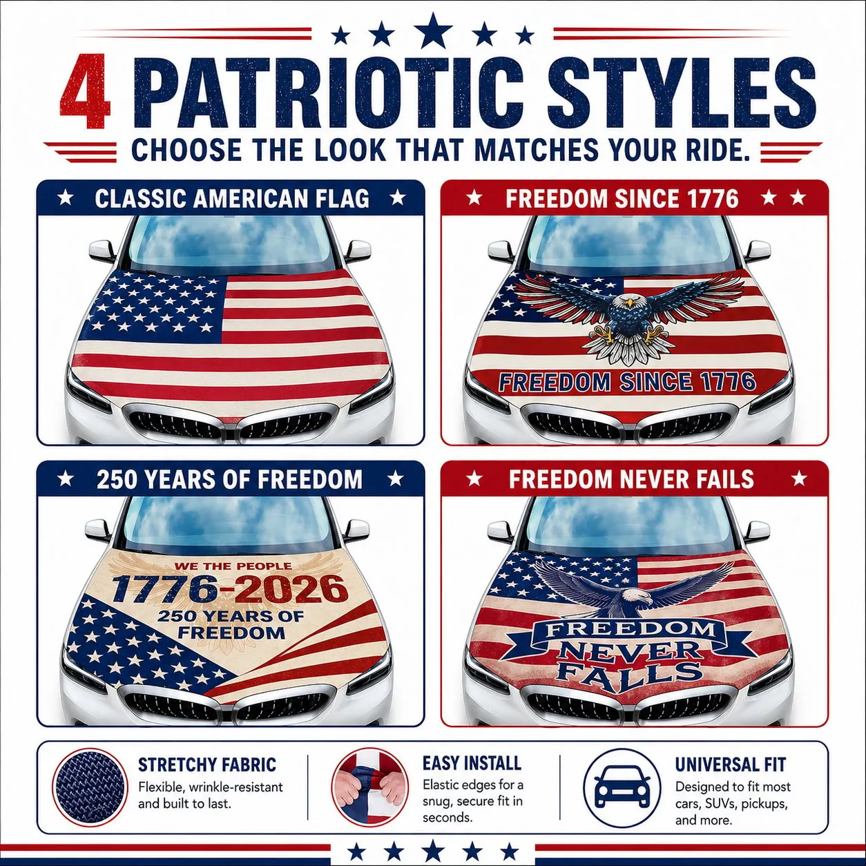 American hood flag cover on vehicle