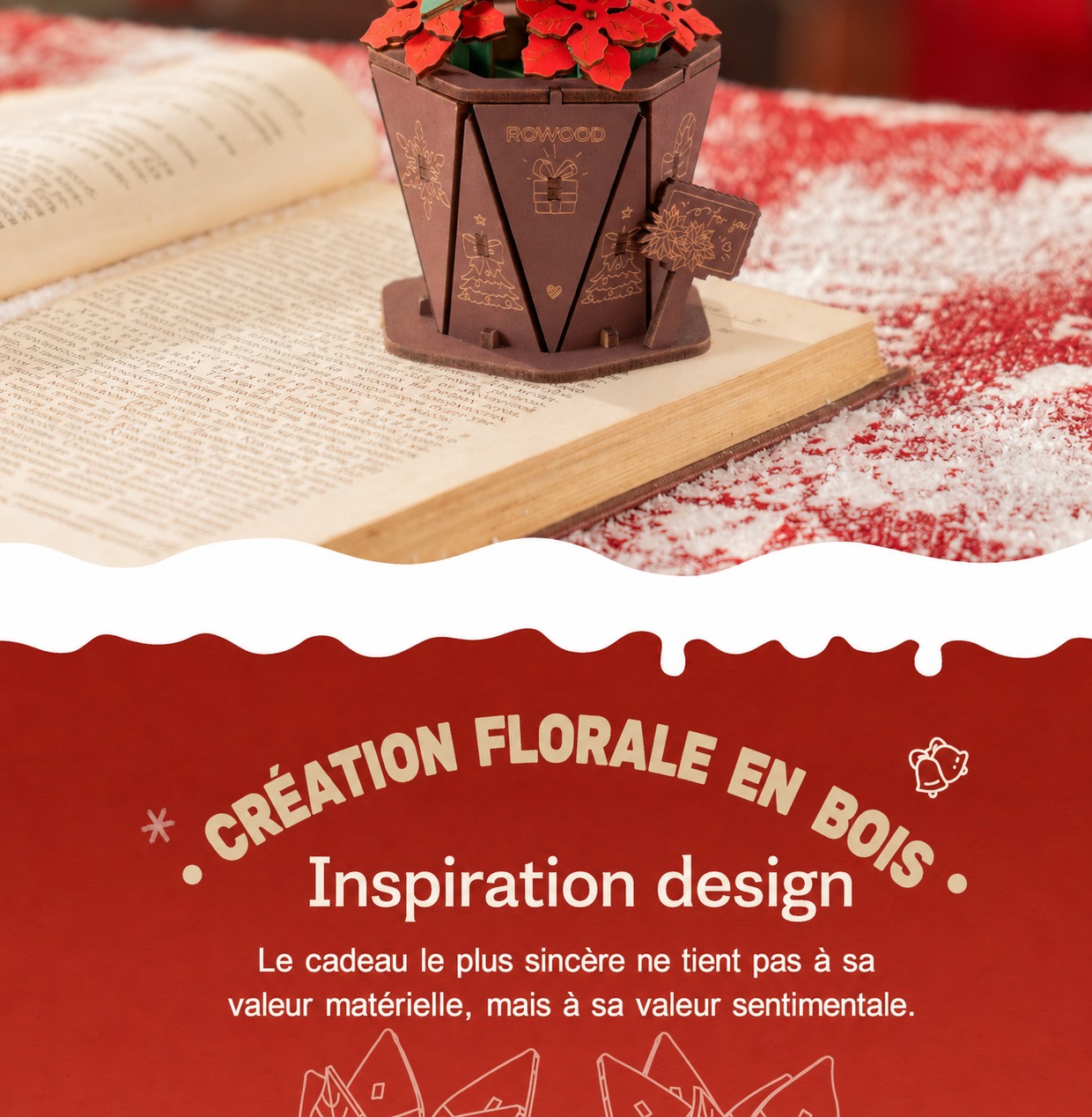Poinsettia flower arrangement activity avec DIY bouquet et red background