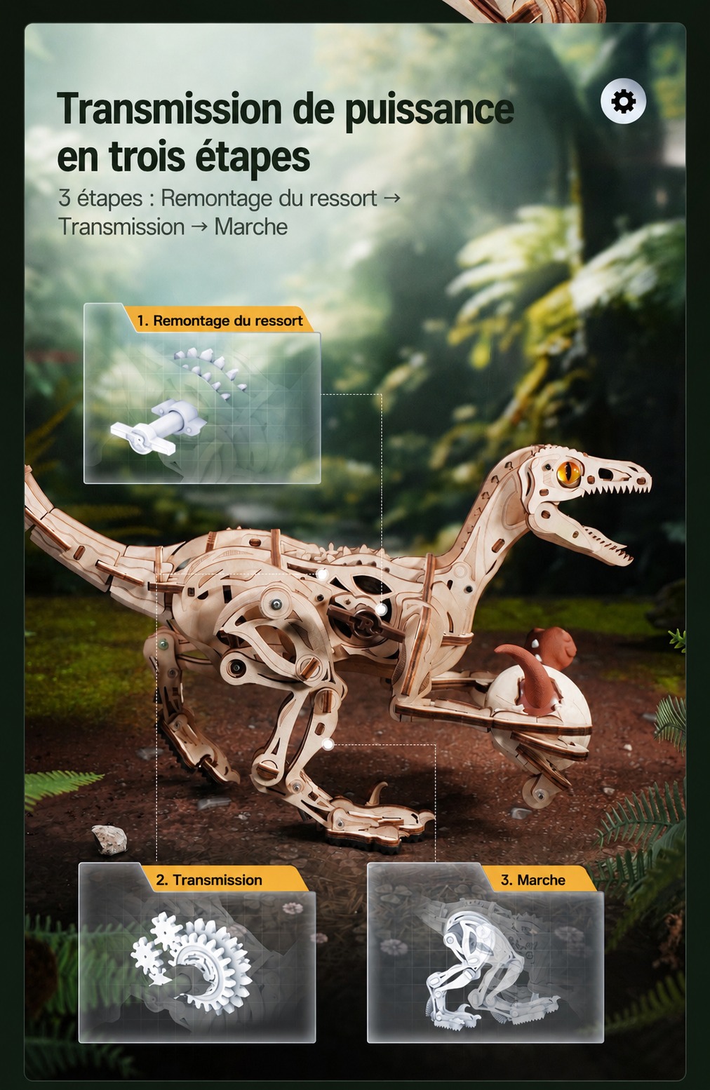 ROKR Velociraptor - puzzle dinosaure 3D en bois LD01, visuel de detail 3