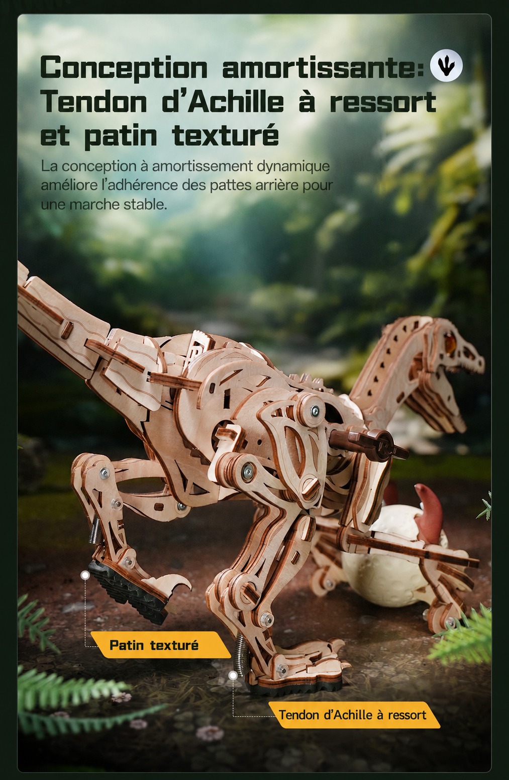 ROKR Velociraptor - puzzle dinosaure 3D en bois LD01, visuel de detail 6