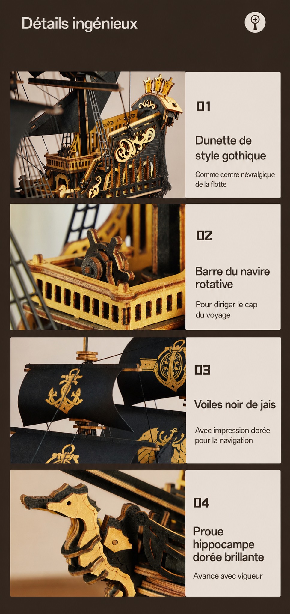 ROKR The Seahorse Barque - puzzle 3D en bois MCB02, visuel de detail 9