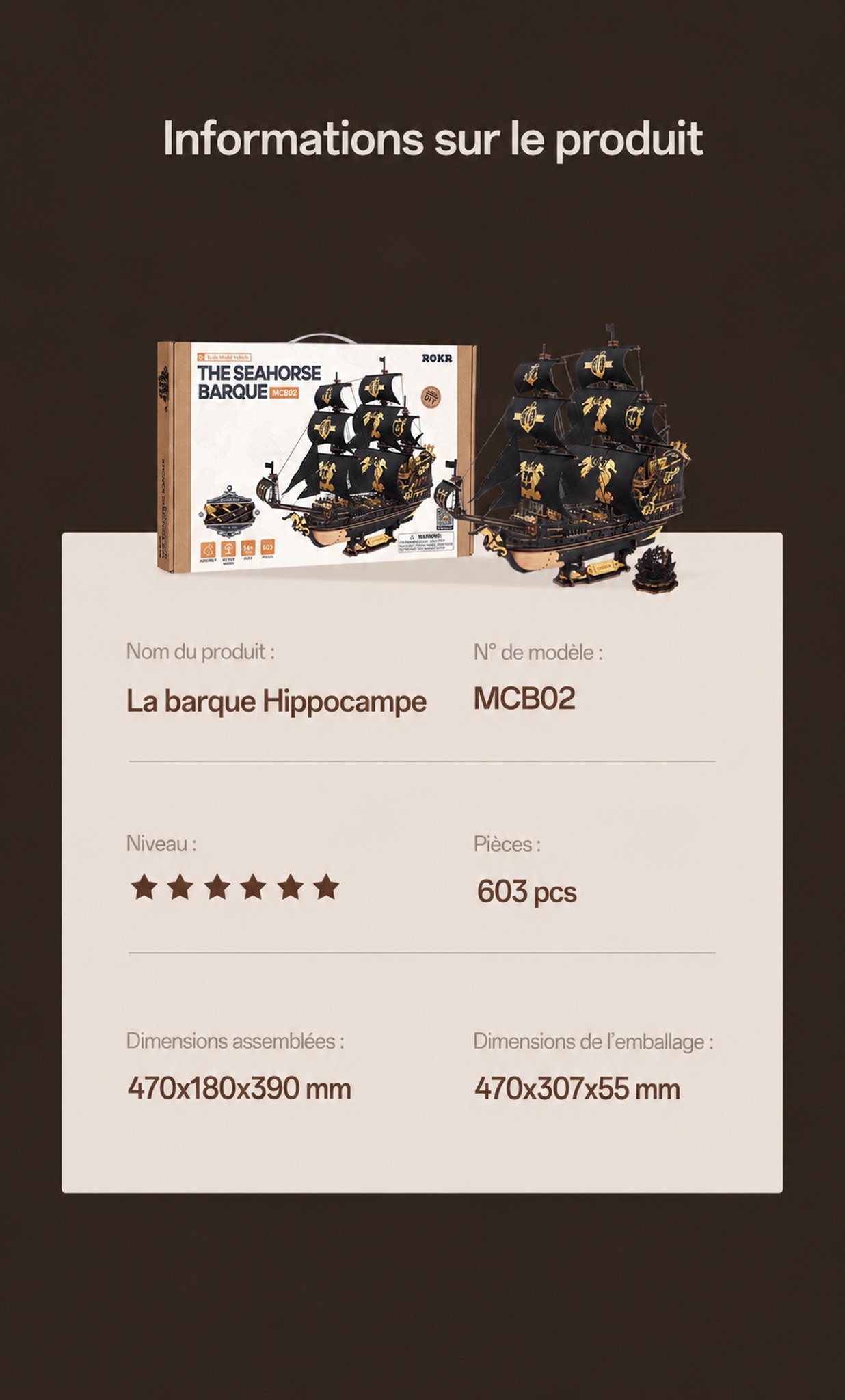 ROKR The Seahorse Barque - puzzle 3D en bois MCB02, visuel de detail 10