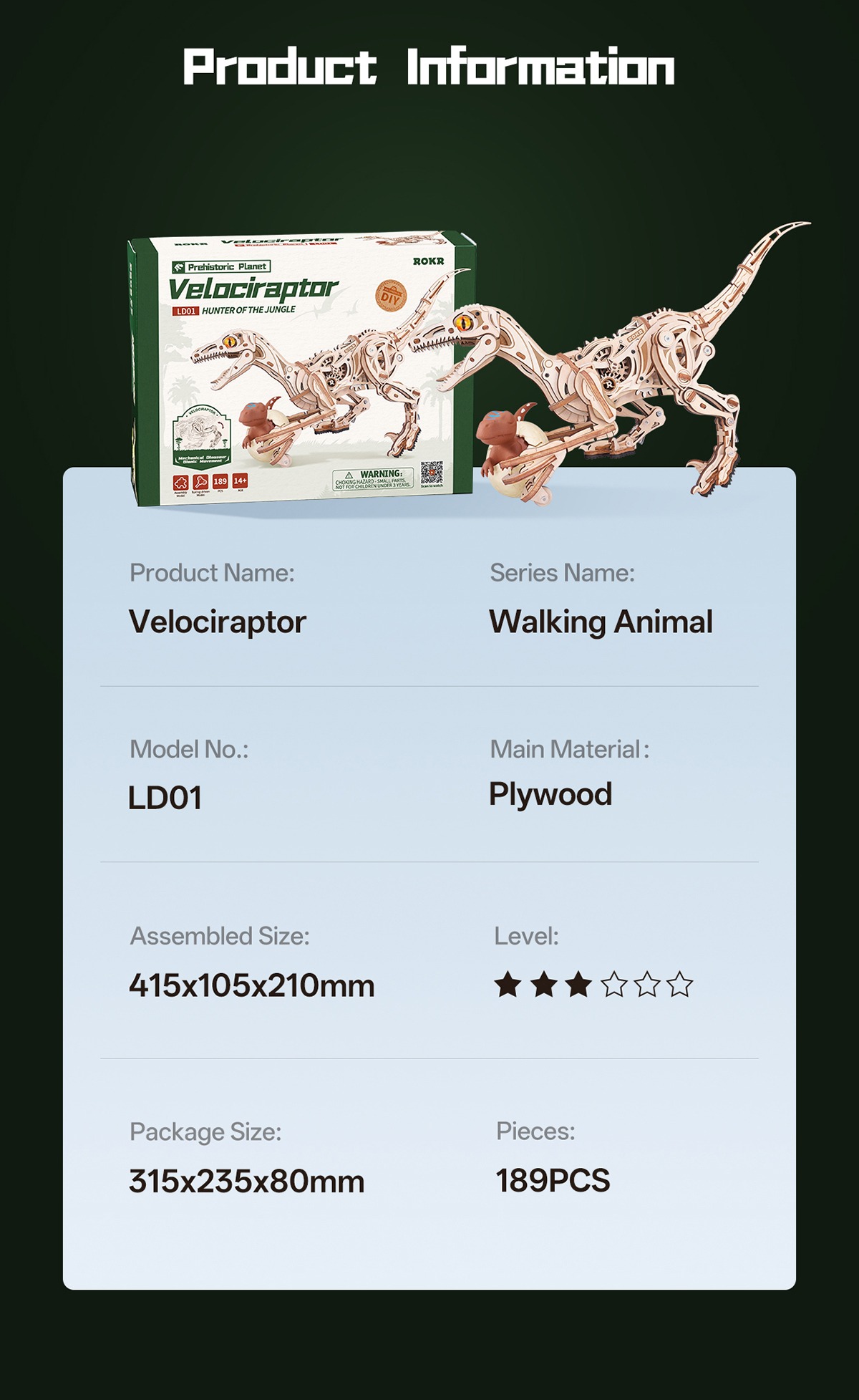 ROKR Velociraptor - puzzle dinosaure 3D en bois LD01, visuel de detail 11