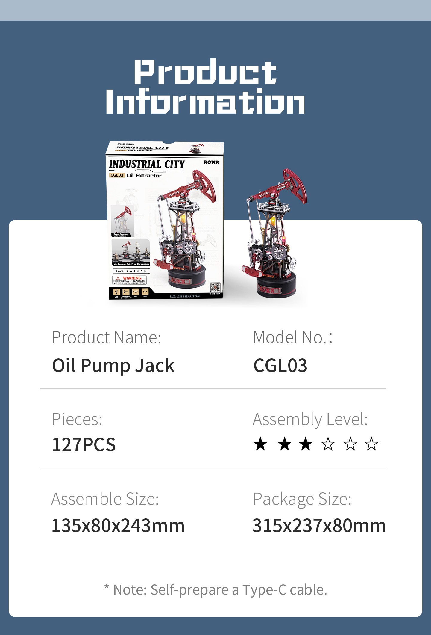 Oil Pump Jack CGL03 informations produit avec 127 pieces, 135x80x243mm assembled size, et 315x237x80mm emballage