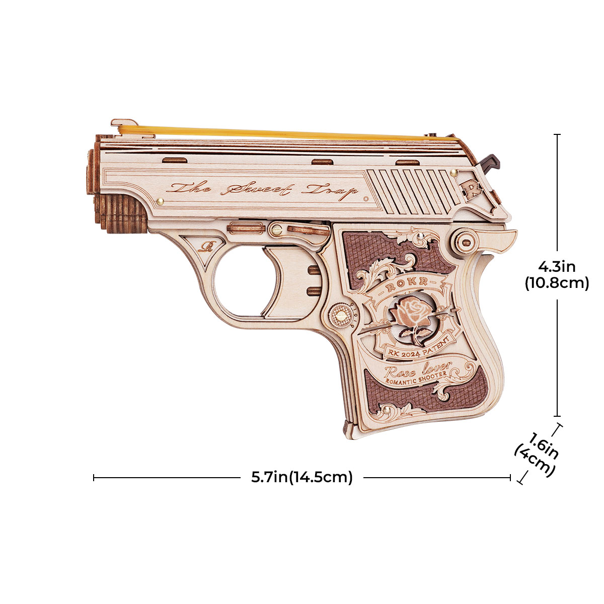 Graphique de taille ROKR Mini Gun LQ502 montrant 14,5 cm de longueur et 10,8 cm de hauteur