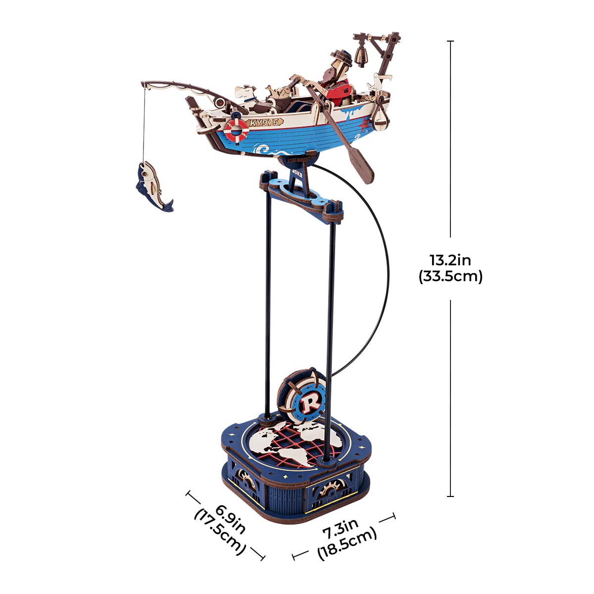 Graphique de taille ROKR Ocean Fisher MCD02 montrant 18,5 cm de largeur et 33,5 cm de hauteur