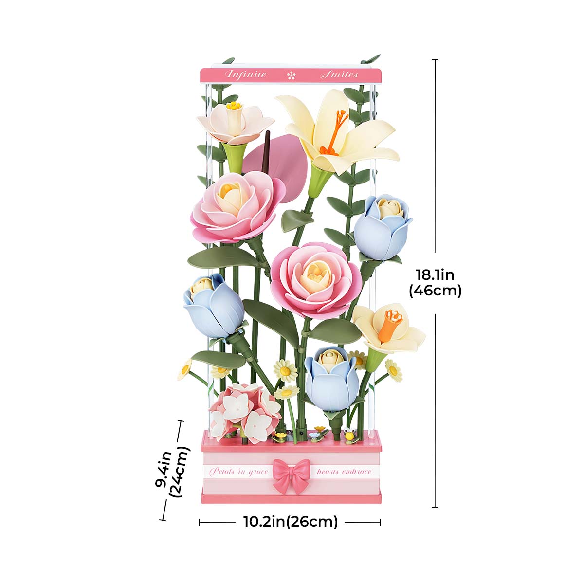 Graphique de taille ROKR Blooming Bouquet Box AF01D montrant 26 cm de largeur et 46 cm de hauteur