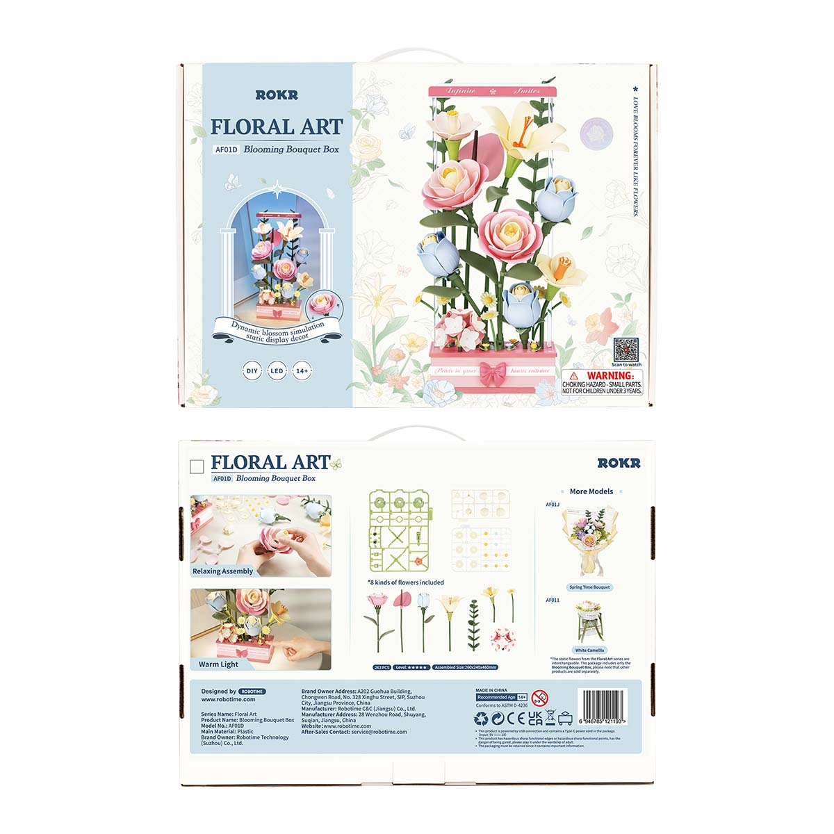 ROKR Blooming Bouquet Box AF01D emballage recto et verso avec informations sur le produit